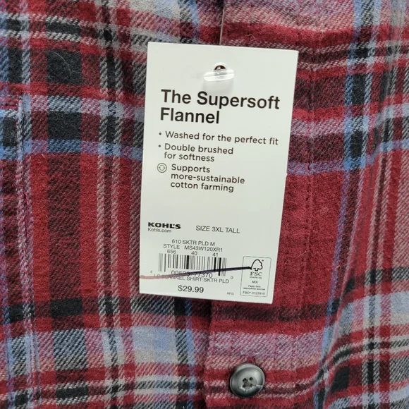 Sonoma Supersoft Flannel Long Sleeve Button Front Shirt Mens 3XL Tall Red Blue - Picture 5 of 8